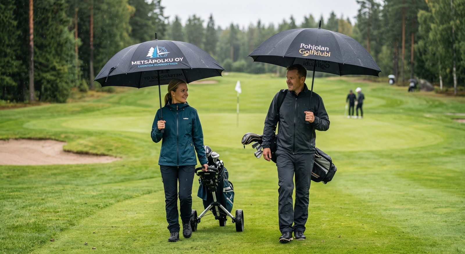 Golf sateenvarjo omalla logolla